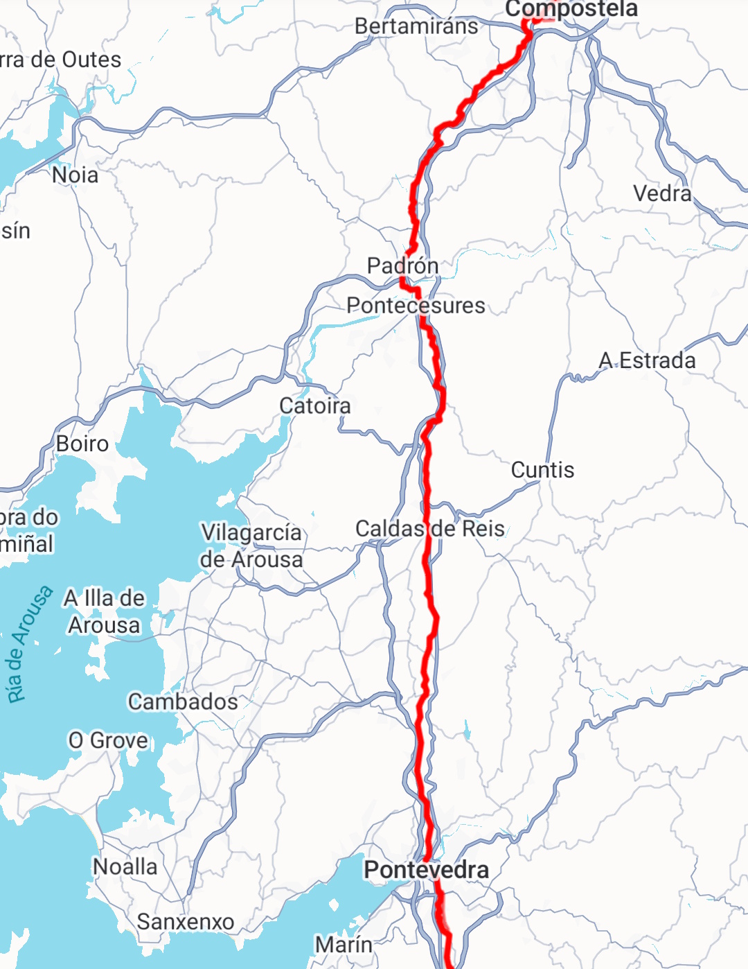 Map of Camino Central route from Pontevedra to Padrón