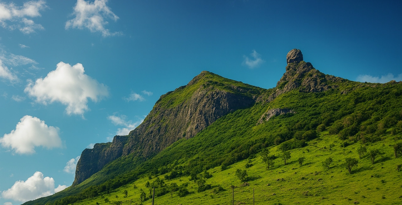 Corps de Garde mountain, Mauritius — green slopes and the rocky 'Head' formation