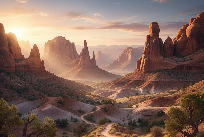 Hiker walking through a sunlit valley surrounded by sandstone peaks