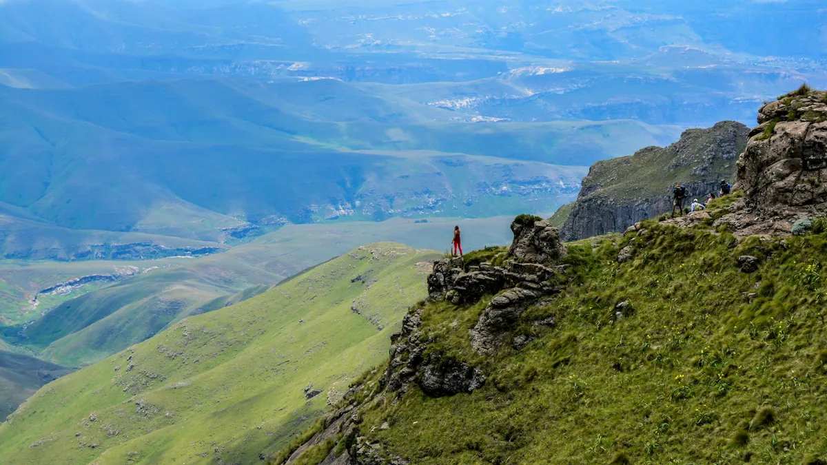 Mountain goat on a rocky slope with basalt cliffs in the Drakensberg Mountains, South Africa