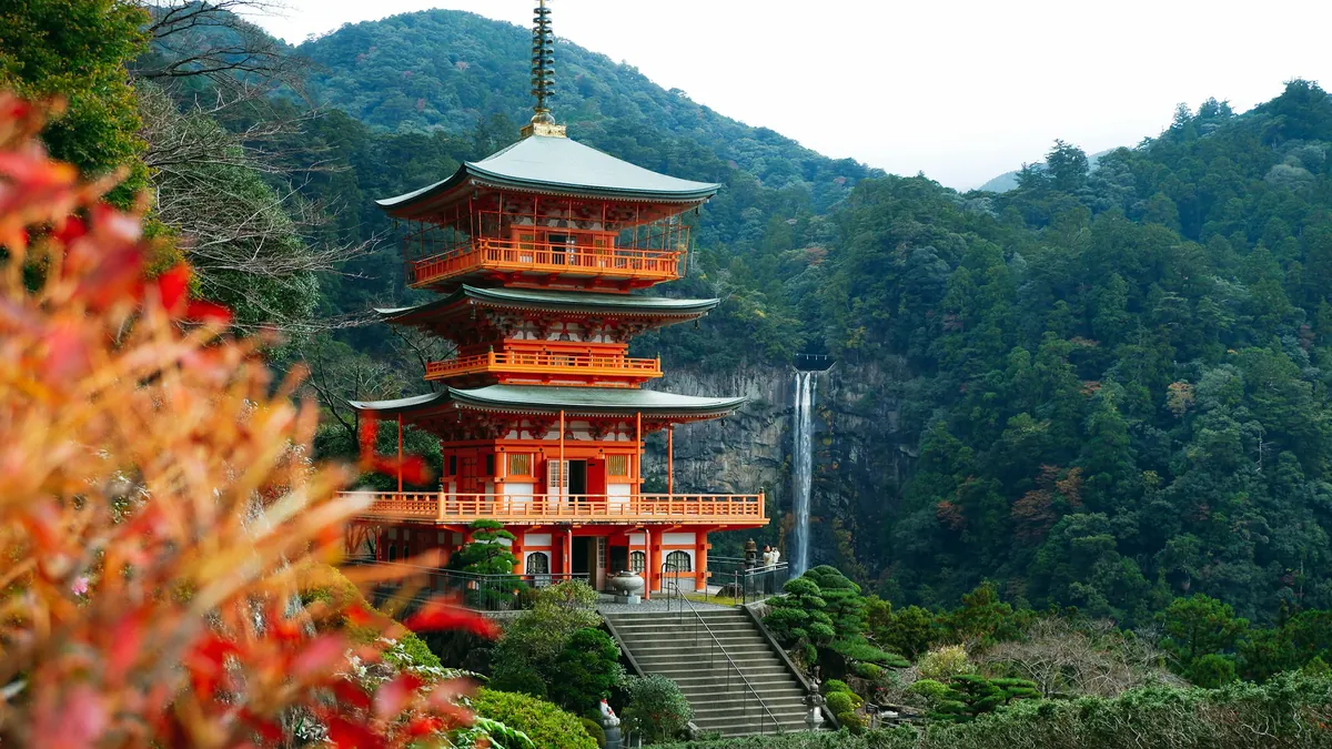 Stone steps and shrine along the Kumano Kodo pilgrimage trail in Wakayama, Japan