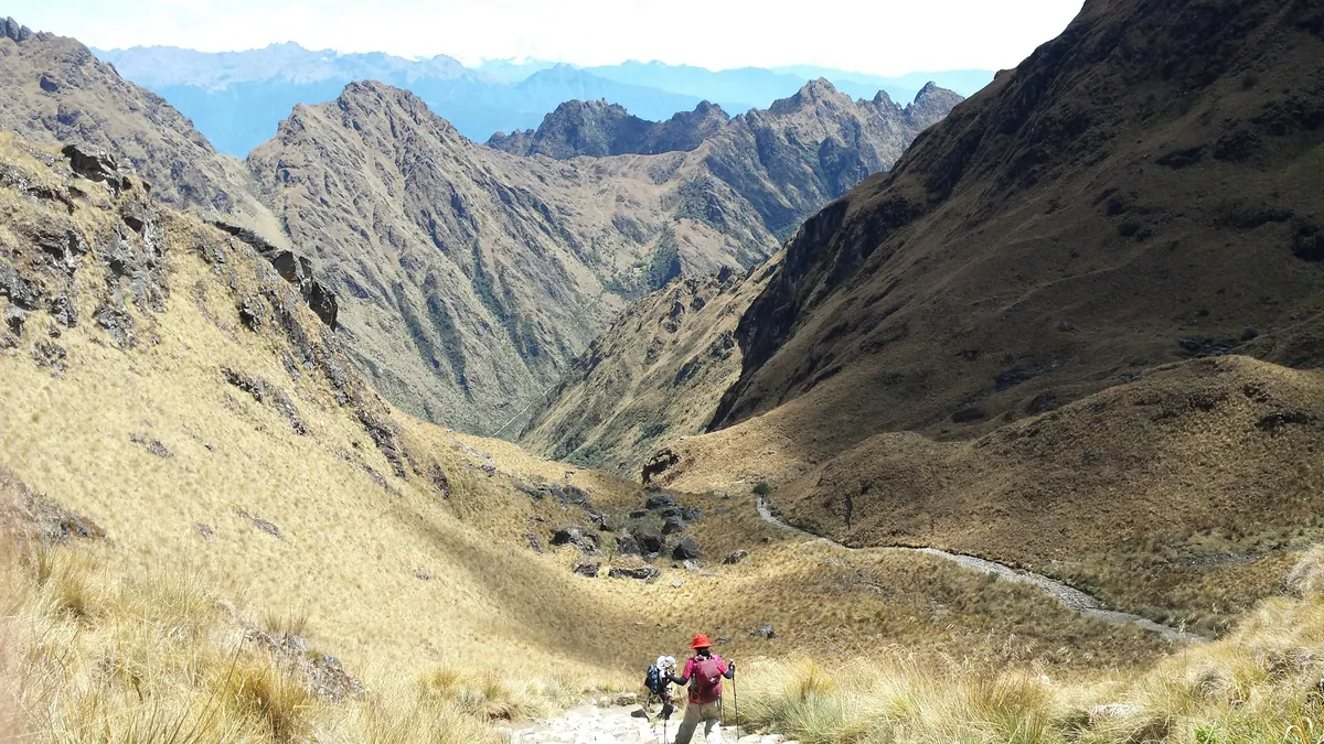 Ancient stone steps of the Inca Trail leading towards Machu Picchu, Peru