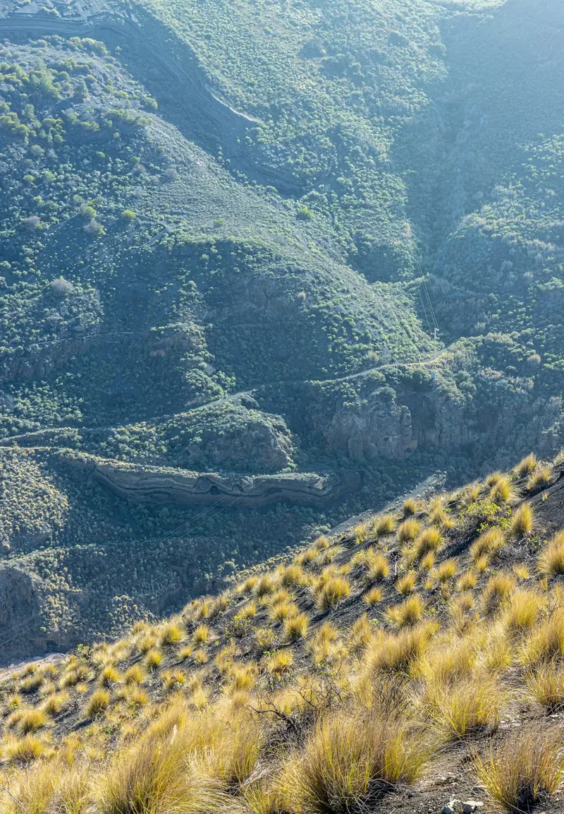 Grassy hillside with winding road on mountain