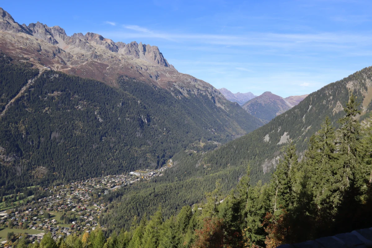 A scenic mountain valley with a small town nestled within.