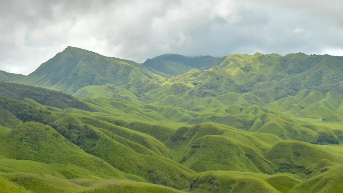 Man poses in front of a mountainous landscape.