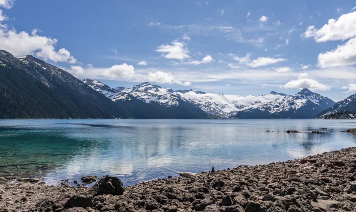 Mountains reflected in a calm blue lake