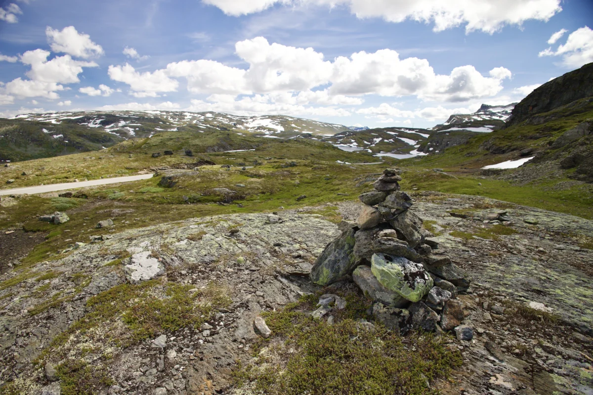 a pile of rocks sitting on top of a lush green hillside