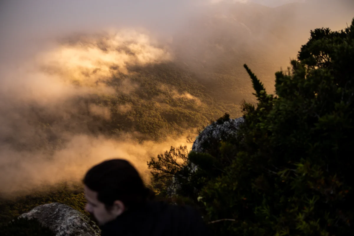 Person looks out at cloudy mountain landscape.