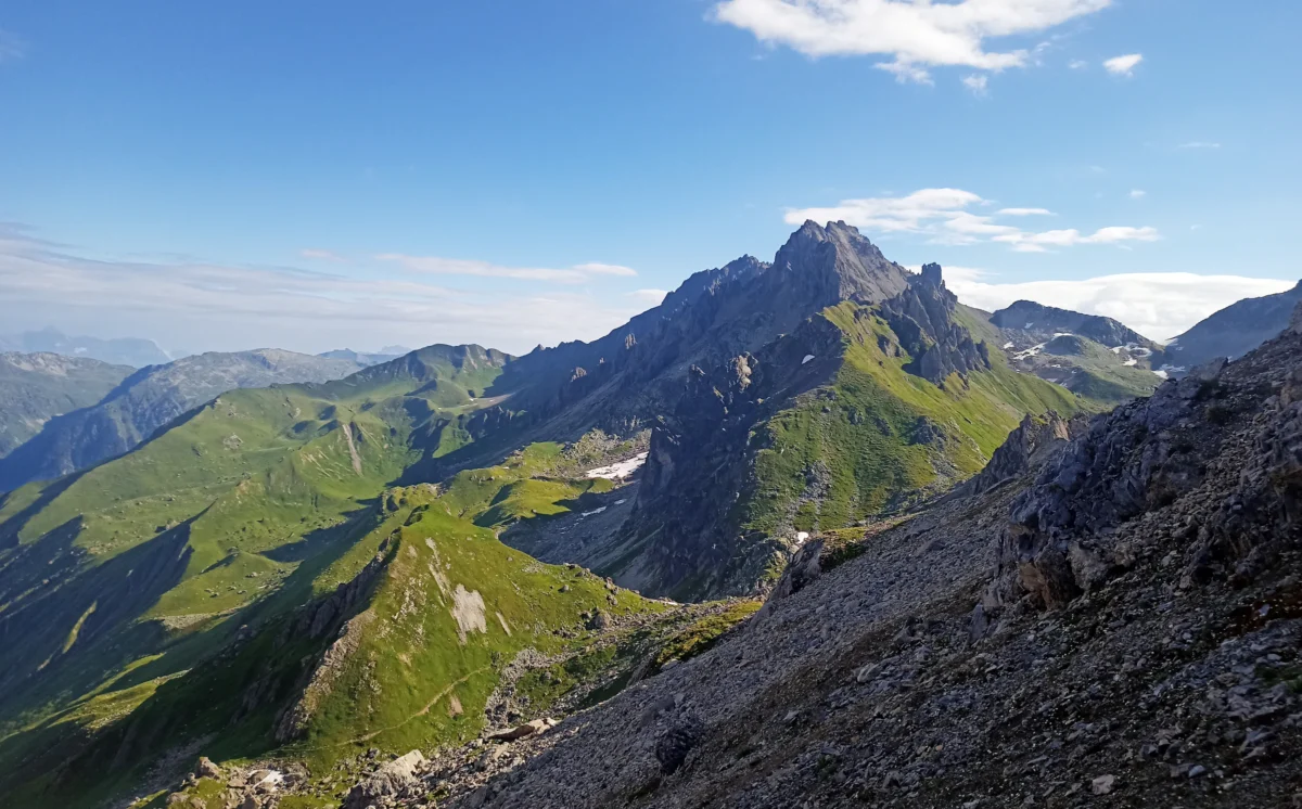 a mountain range with a valley below