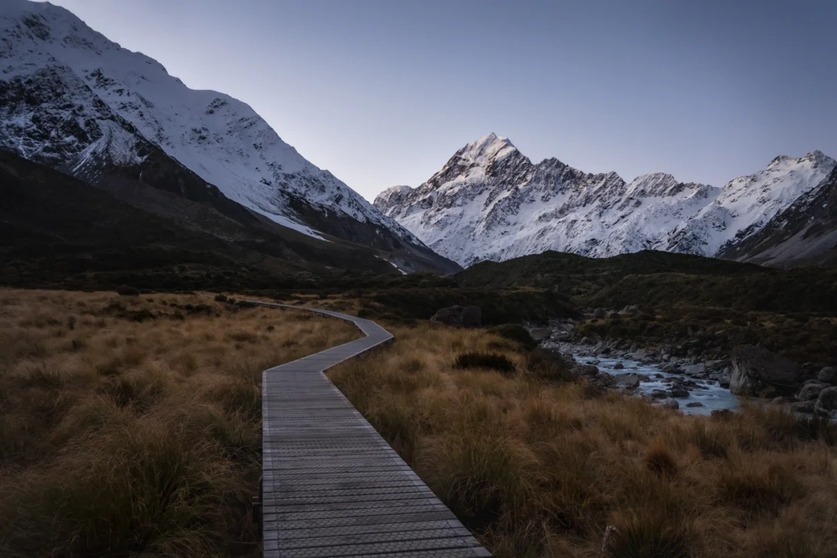 Scenic landscape of Mount Cook Hooker Valley Track in New Zealand