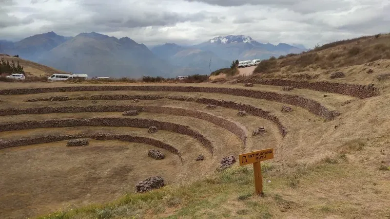 Ancient circular terraces on a hillside with mountains.