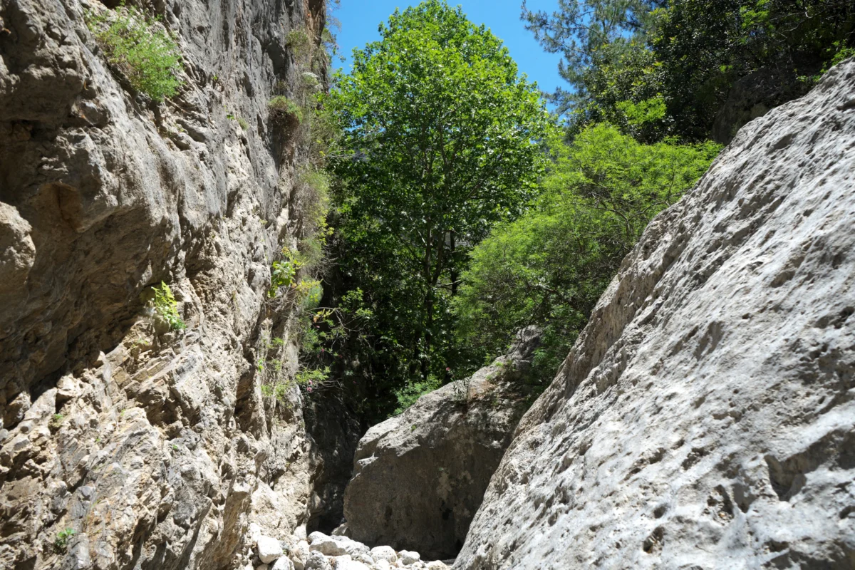 A narrow river running between two large rocks