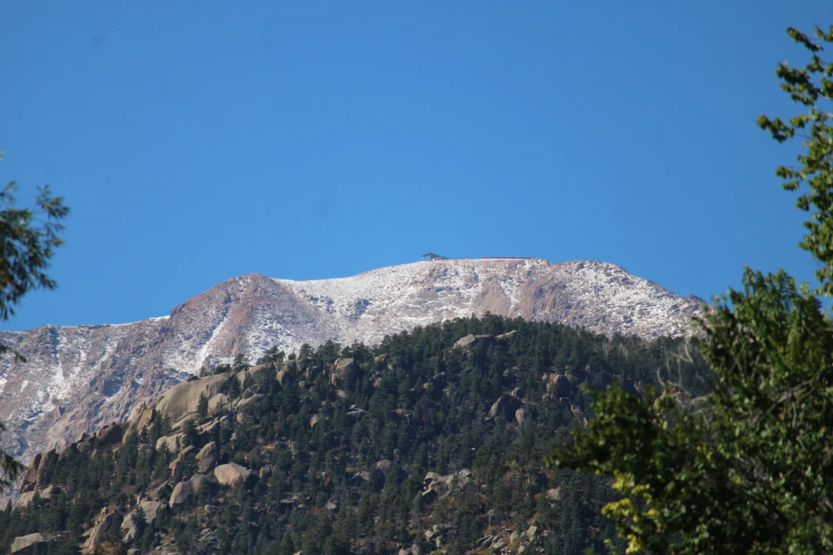 Snow-capped mountain peak with pine trees below.