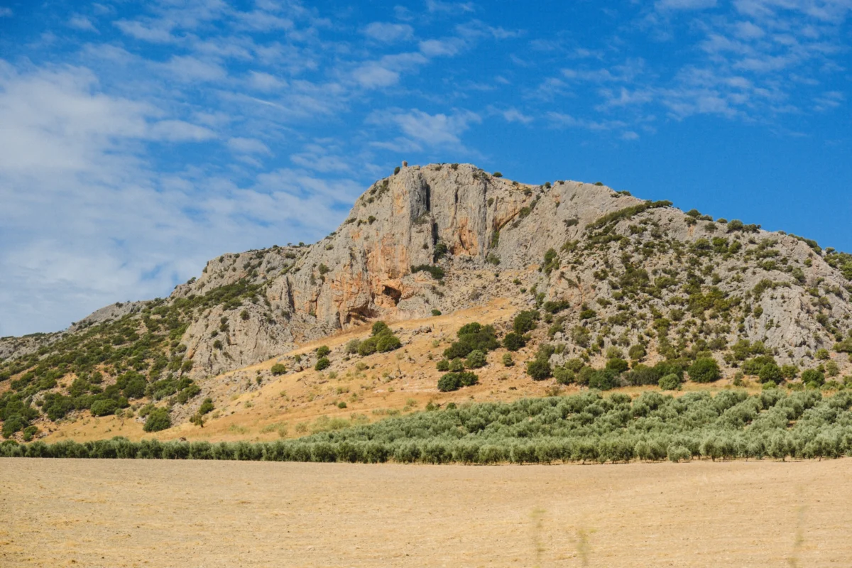 Rocky mountain peak under a blue sky