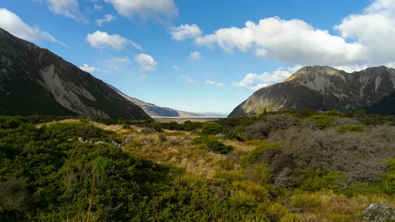 Rugged mountains flank a grassy valley under a blue sky.