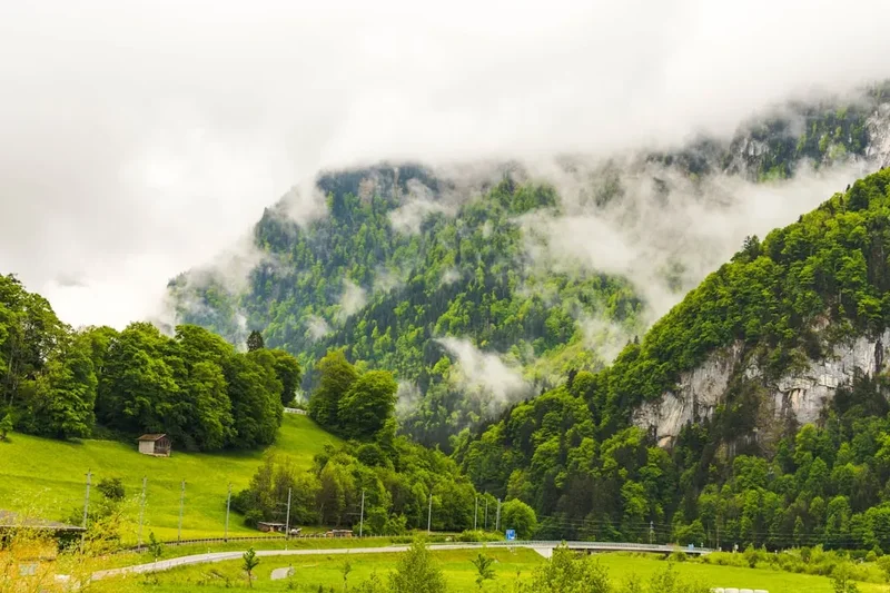 Mountains are enveloped in a cloudy, green landscape.