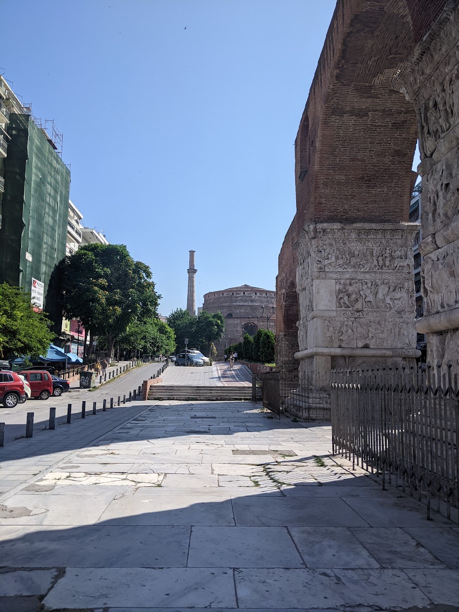 View from beside the Arch of Galerius down the avenue to the Rotunda and its minaret, Thessaloniki