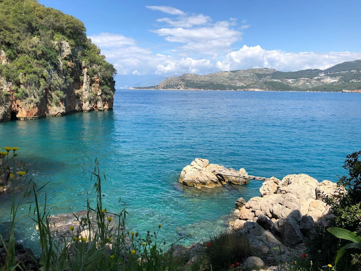 Coastal hiking trail along rocky cliffs with turquoise Mediterranean waters on Turkey's Lycian Way